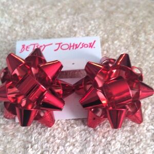 New Betsey Johnson Metallic Red Bow Earrings, Clip On, Holiday, Designer